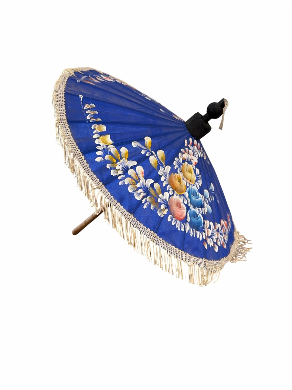 Vintage Blue Hand-Painted Floral Parasol Umbrella Fringe Asian Boho Décor